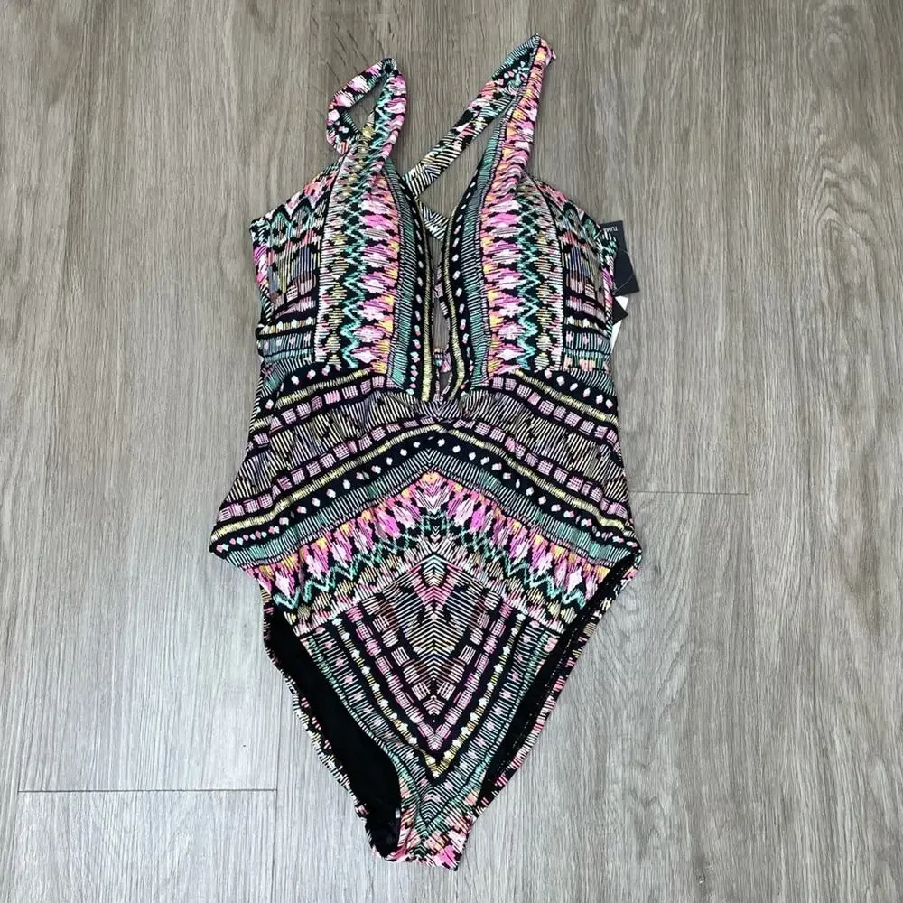 Bar III Women's Neon Tribal Plunging Neckline Tie Back One-Piece Swimsuit sz XS